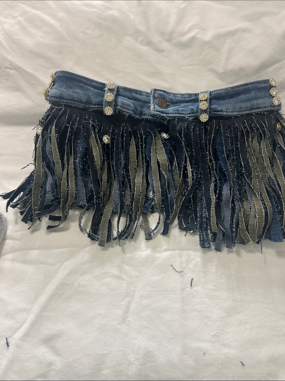 Denim Fringe Waist Belt Skirt with Rhinestone Accents - Blue
